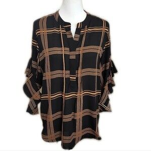 Vince Camuto black & tan plaid ruffle sleeve blouse, v-neck, M